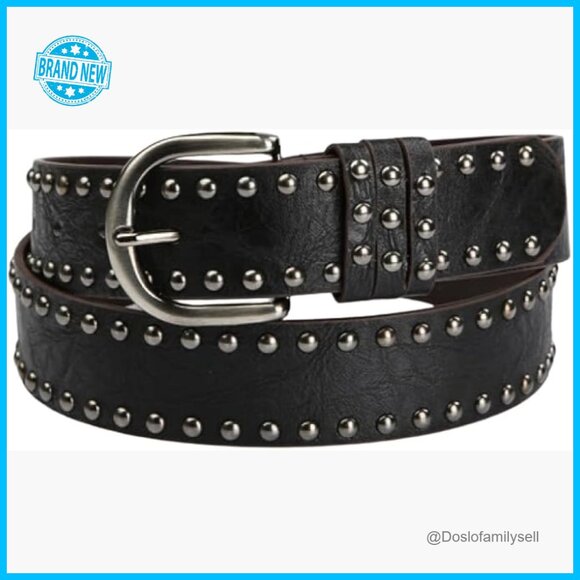Faux Leather Belt with Rivets Silver Buckle Western Style Adjustable Waist main image 3